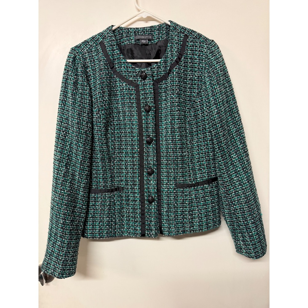 Covington Womens L Teal Black Tweed Blazer Jacket Ribbon Trim Crest Buttons